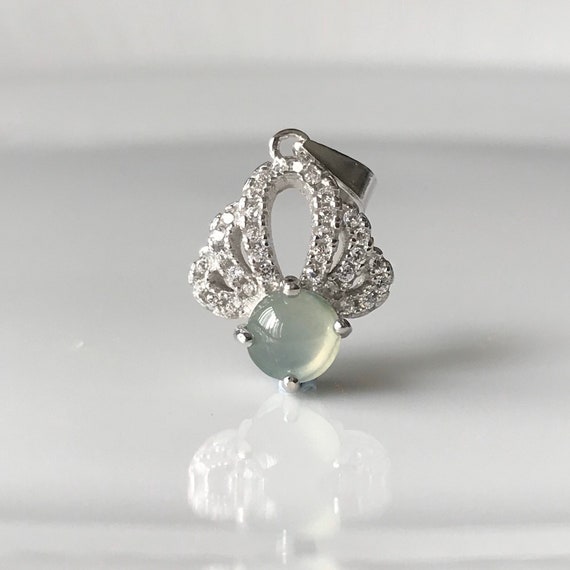 Natural Myanmar Jade Pendant - Grade A Fine Translucent Icy Mint Green Burmese Jadeite Cabochon with 925 Silver