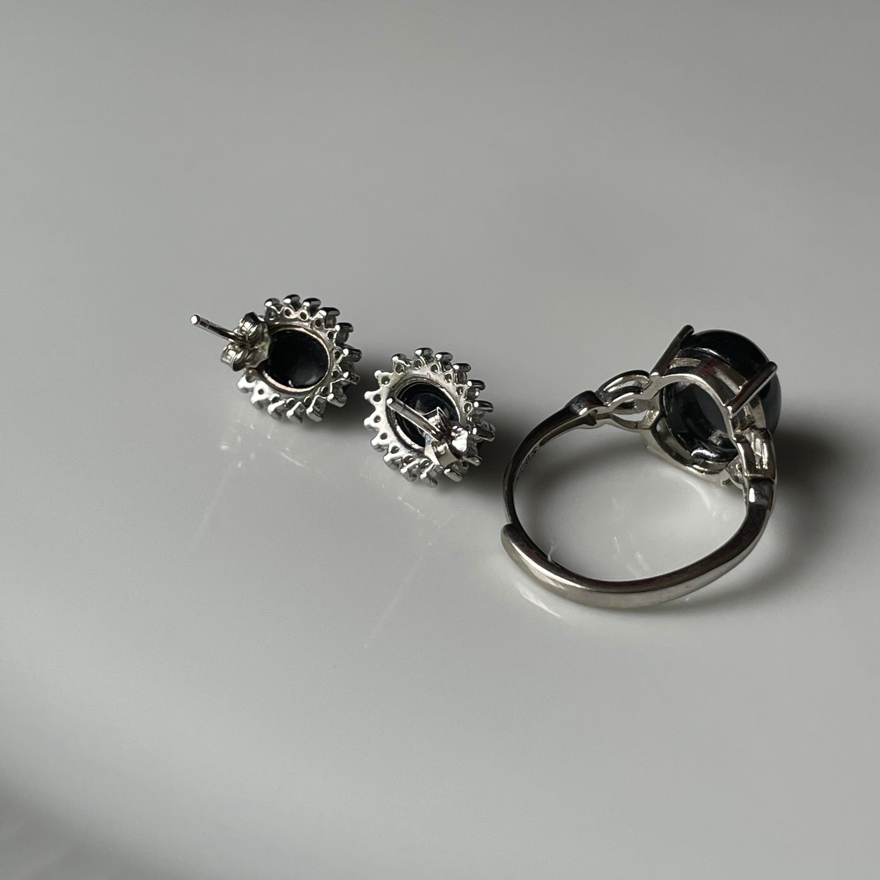 Black Jade Ring & Earring Sets Natural Jadeite Silver Ring Black Jade Ring & Earring Sets Natural Jadeite Silver Ring
