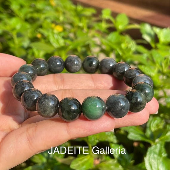 Jade Bracelet Men’s Bracelet 11mm beads - Genuine Natural BURMESE JADEITE Type A Grey with Green Unique Pattern