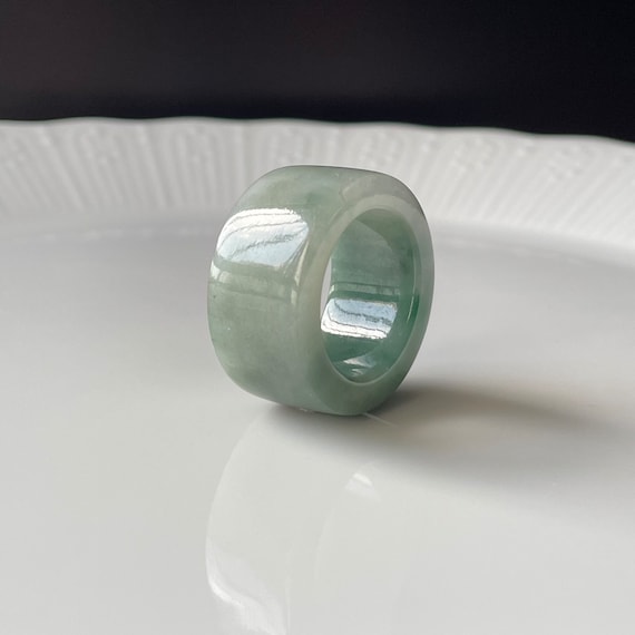 Jade Ring US9 unisex straight cut band ring - Authentic Burmese Jadeite Jade Natural Grade A Translucent Green & Brown Jade Big Band Ring