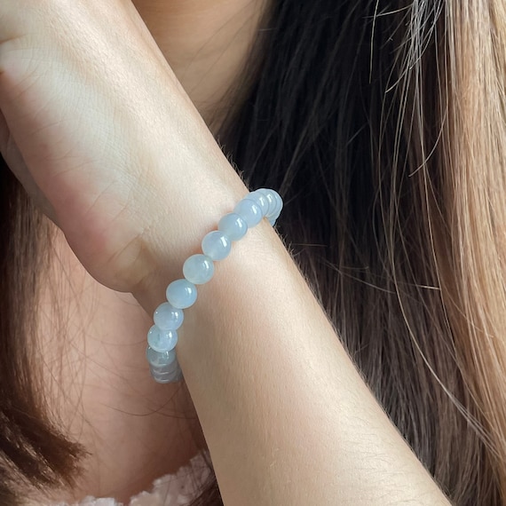 Jade bead bracelet- Natural Type A Burmese Jadeite Fine quality Translucent White with hint of soft blue 6.7mm beads bracelet