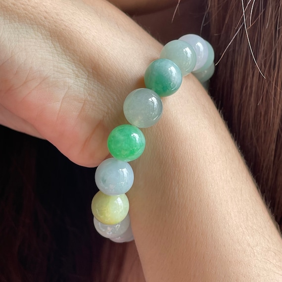 Multicolor Rainbow Jadeite Beads Bracelet 9.5~10mm Bead size Natural Myanmar Jade Genuine Translucent Multicolor Authentic