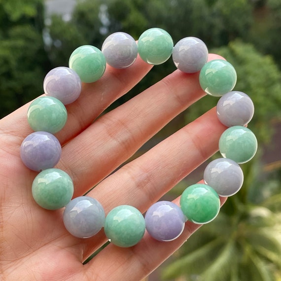 13mm Burmese Jade Bead Bracelet Translucent Pea Green Lavender - Natural Burmese Jadeite Authentic Type A Bracelet