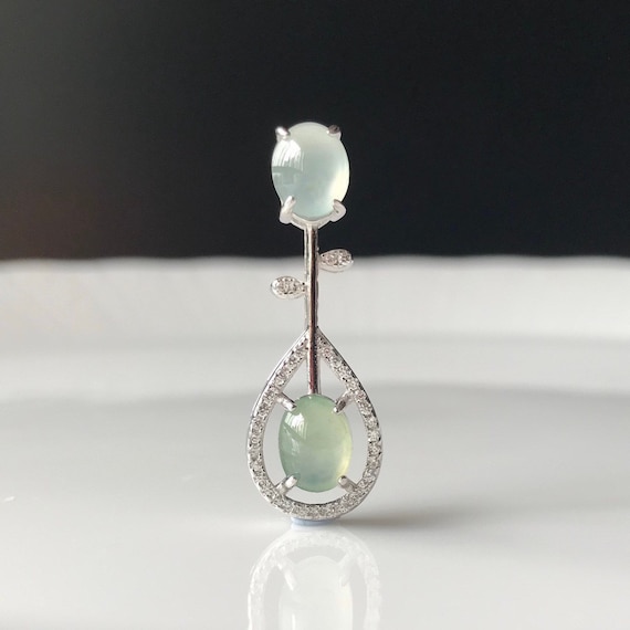 Burmese Jade Pendant - Grade A Translucent Natural Green Jadeite Cabochons with 925 Silver Icy Jade Pendant