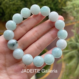 Men’s Jade Bead Bracelet 14mm bead Authentic MYANMAR Type A jadeite Light Blue Hue Perfect Gift Natural Jade Bead Bracelet 18cm