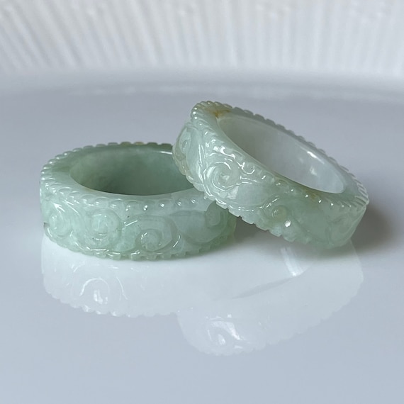 Jade Ring US7.25 Authentic Burmese Jadeite Type A Natural Jadeite Floral Carving Ring