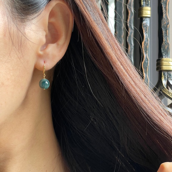 Jade Earrings 18K solid gold - Bluish Green Jadeite Ball Earrings - Grade A Burmese jadeite authentic Jade Bead Earrings