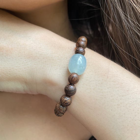 Jade Barrel Wood & Stone (Earth Contact Positive Energy) Jewelry / High Translucent Natural Jadeite adjustable Casual Jewel, unisex bracelet