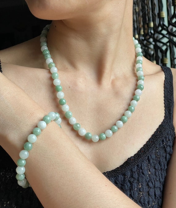 Gift Set JG Signature - Jade Bead Necklace Bracelet Set - Genuine Authentic Natural Myanmar Jadeite Jade Grade A 7.8mm beads