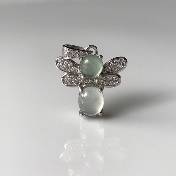 Natural jade Cabochon Pendant with 925 silver and cubic zirconia - Natural Grade A Burmese Jadeite Authentic Icy Jade pendant