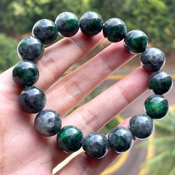 Jade Bracelet Jadeite Men’s Bracelet 13mm beads - Genuine Natural BURMESE JADEITE Type A Grey with Amazing Spicy Green Unique Pattern