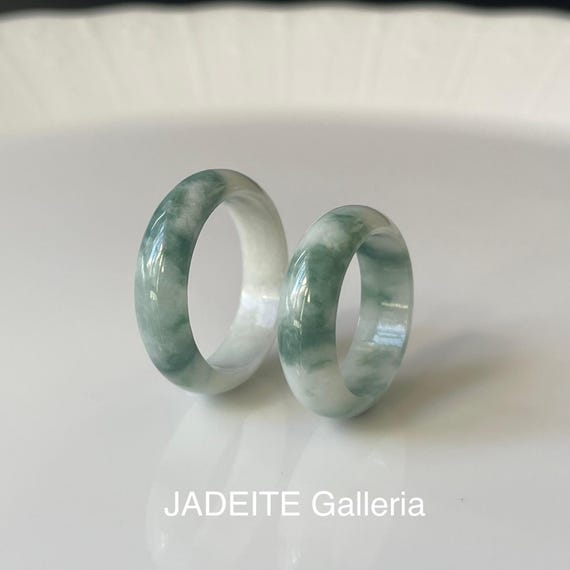 US9 US6.5 all gender Twin Jade Band Ring - Natural Burmese Jadeite Type A Off White with Floated Bluish Green
