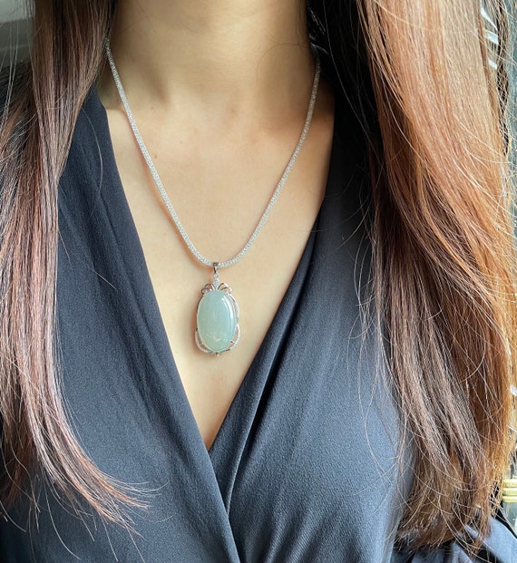 Big Icy Oval Jadeite 925 Silver Pendant - Very Soft Green to White color Translucent Authentic Natural Type A Burmese Jadeite Jade