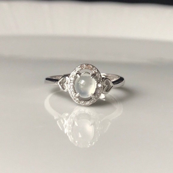 ICY Colorless Jade Cabochon Adjustable Ring - Type A Myanmar Icy Jadeite Cabochon with 925 Silver