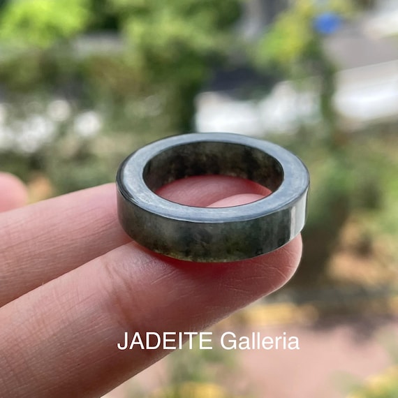 US6.75 Translucent Jadeite ring Type A BURMESE Jade band Ring Authentic Translucent Black Chicken Variety with green hue