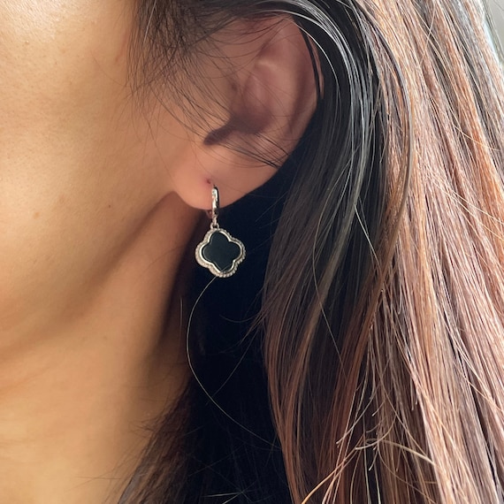 Natural Jade Earrings - Grade A Natural Myanmar Jadeite Translucent Black Clover with 925 silver
