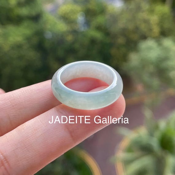 US6.75 Natural jade band ring Authentic Untreated Jadeite Translucent White Soft Green Grey Dots Unisex Jade Band Ring