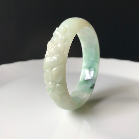 Jade Bangle 55.2mm Jadeite Bangle with Partial Carving of Flower and Royal Pheasant Natural Jadeite Carving Jade Bangle