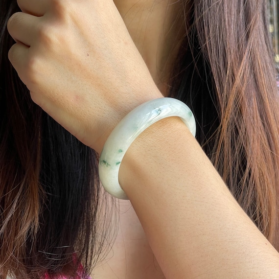 Jade Bangle 55mm - White Base Dark Green Floral Grade A Burmese Jadeite Natural Jade Bangle