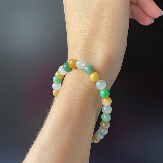 Jade bracelet 7mm Jadeite Bead Bracelet 7mm Natural Myanmar Jade Authentic Translucent Tricolor Rainbow Corn Burmese Jade Beads Bracelet