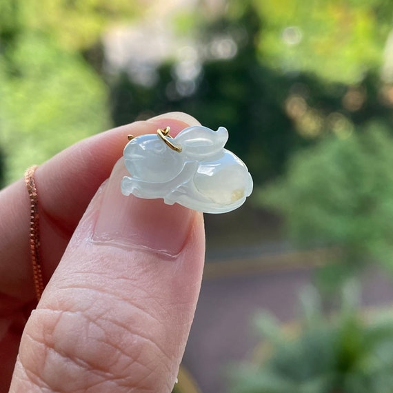 Chinese Zodiac Rabbit Charm Pendant - Genuine  Burmese Type A Jadeite Fine Quality High Translucent Jade 18K gold clasp Charm Pendant
