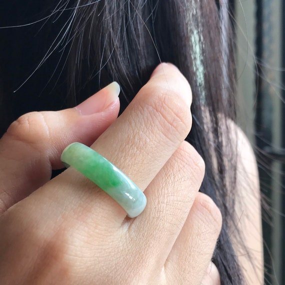 Jade Ring US9.1 - Natural Burmese jadeite translucent Green with near white base Authentic Grade A hand made band ring