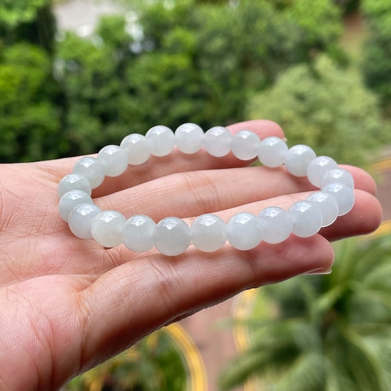 Jade bead bracelet- Natural Type A Burmese Jadeite Fine quality Translucent White with hint of soft blue 7.8mm beads bracelet