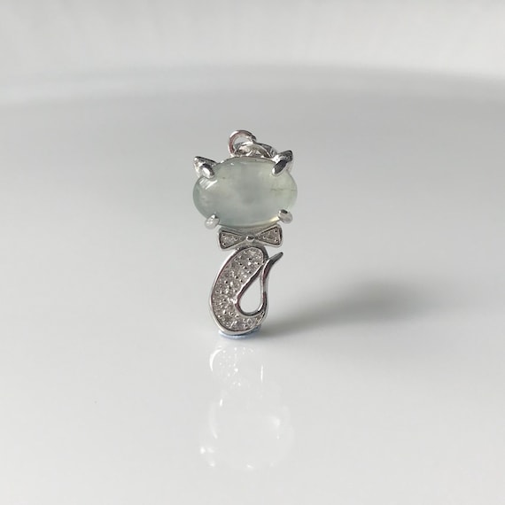 Jade Pendant - Grade A Translucent Natural Burmese Jadeite ICY Cabochon with 925 Silver Cat Pendant Natural Jade Cat Pendant