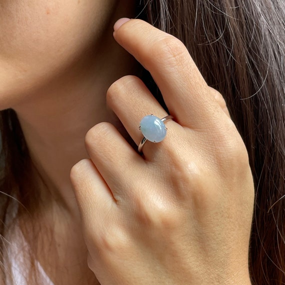 Maya Blue Jadeite Oval Cabochon Adjustable Ring - Authentic Natural Burmese Jadeite Type A/ Grade A Fine Translucent Jade