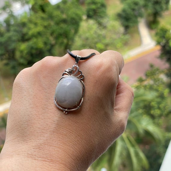 Smokey Yum Cabochon Pendant - Authentic Natural Type A Burmese (Myanmar) Jadeite Jade 925 Silver Jewelry