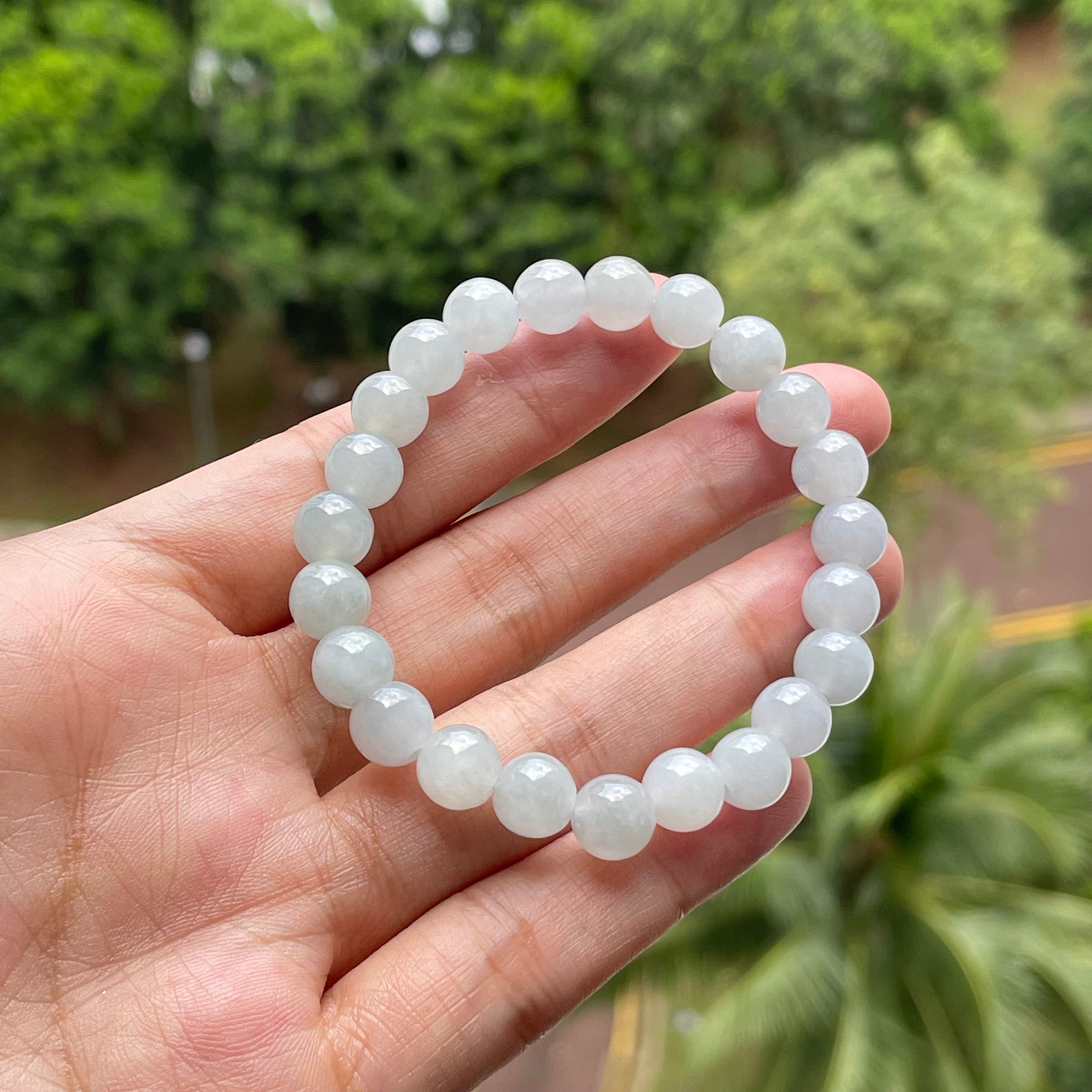 Jade bead bracelet- Natural Type A Burmese Jadeite Fine quality Translucent  White with hint of soft blue 6.7mm beads bracelet
