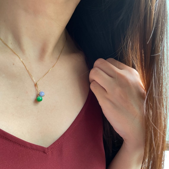Natural jadeite jade grade A  bicolor translucent green and lavender  jadeite beads with 18 K solid gold necklace