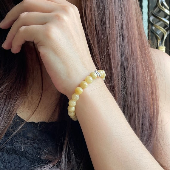 8mm Jadeite bead bracelet 100% Natural Type A Burma Jadeite Translucent Golden Cream Yellow Color