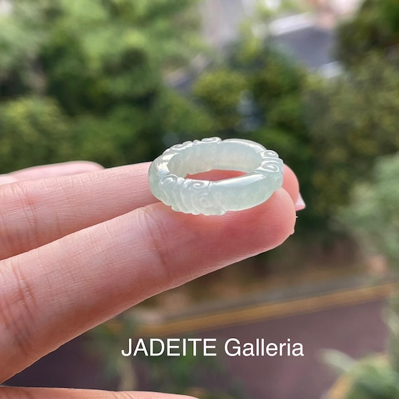 Jade Ring US3 Authentic BURMESE JADE Type A Natural Jadeite Translucent Floral Carving Ring
