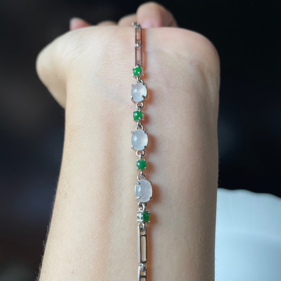Icy Jadeite Bracelet 925 Silver Chain Bracelet- 100% Natural Type A/ Grade A Burma Jadeite Translucent Clear Jade Cabochon Hand Chain