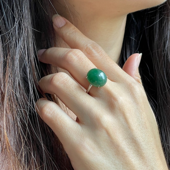 Untreated Jadeite Ring Adjustable Size - Natural Type A (Grade A) untreated Green Jade Cabochon 925 Silver ring