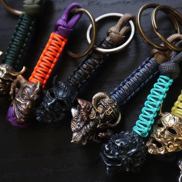 Premium Paracord Keychain with Keyring, Paracord Beads, Odin, Oni mask, Hannya Mask, Samurai Helmet, Joker Jester, Ronin, foo dog, foo lion