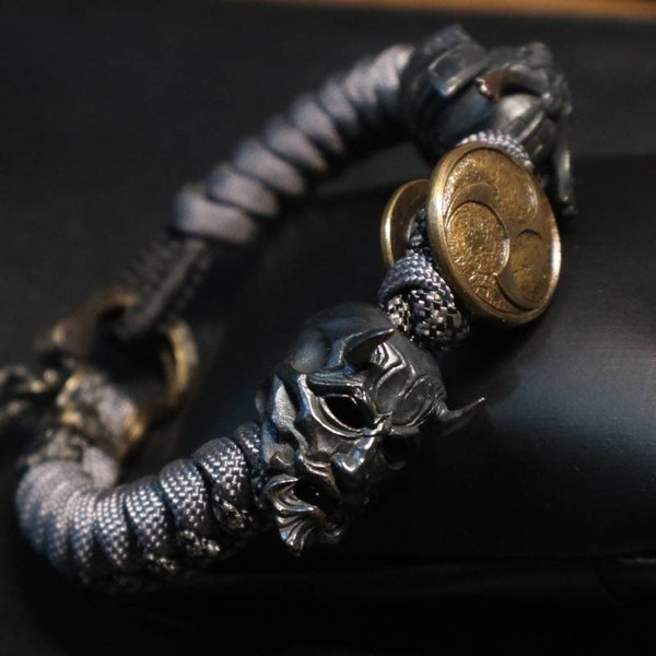 The Demon Oni X Demon Samurai with Raijin Shield In Brass Black Oxide Premium Paracord Bracelet. EXCLUSIVE!, Hannya Mask, Oni Mask, Samurai.