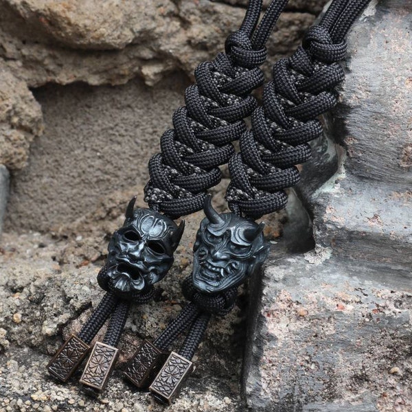 Hannya Mask & Oni Mask Lanyard, Foo Dog, Foo Lion Keychain, Paracord Bead, Brass Bead, Spartan,Samurai,Knife Lanyard, Samurai, Key fob