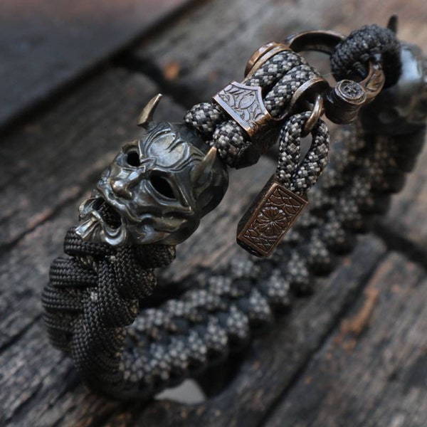The Twin Demon Oni Premium Paracord Bracelet in Brass Black, Hannya Mask, Samurai , Oni Mask, Oni Necklace, Spartan, Viking, Skull, Shogun
