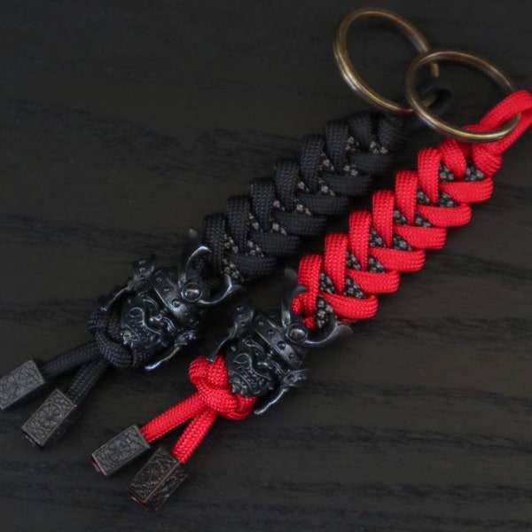 Samurai Ronin Paracord Lanyard, oni mask, hannya mask, Foo Dog, Foo Lion, Paracord Bead, Brass Bead, Spartan,keychain ,Samurai, Key fob