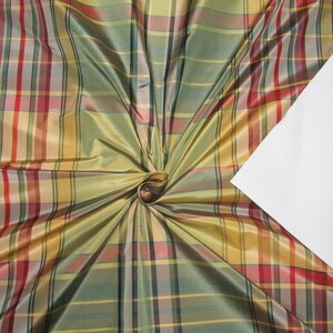 100% SILK TAFFETA FABRIC 54 green multi color plaids TAFC281 image 3