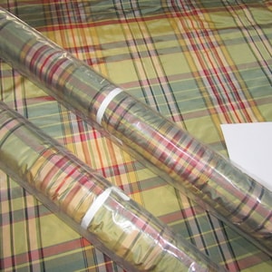 100% SILK TAFFETA FABRIC 54 green multi color plaids TAFC281 image 1