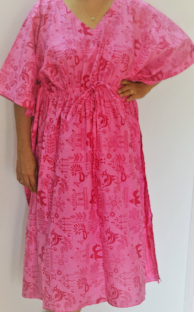 Nextday Shipping Block Print Cotton Kaftan Baby Shower Gift Plus Size Dress Resort Beach Wear Long Summer Dress Maternity Wear Pink Kaftan