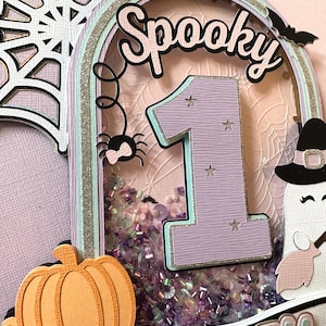 May include: A purple and pink glittery cake topper with a spider web, a spider, a ghost, a pumpkin, and the words "Spooky" and "Riley" on it. The number "1" is in the center of the topper.