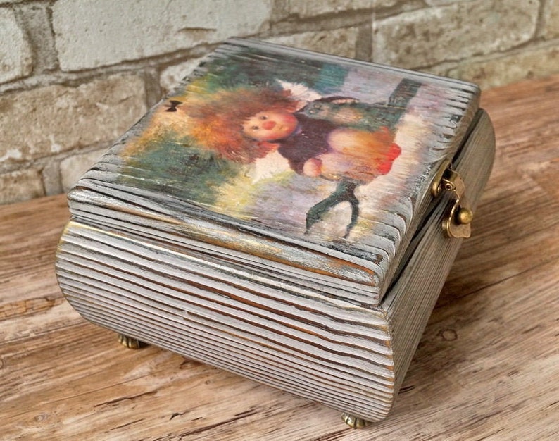Decorative box with lock 5th anniversary gift for her Storage box with hinged lid Decoupage box
