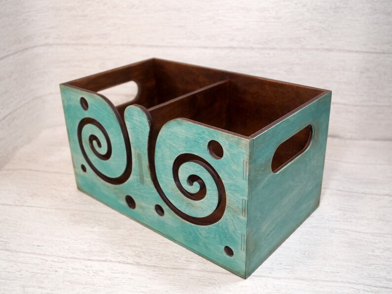 Blue wooden yarn box Yarn holder for crocheting Large Etsy