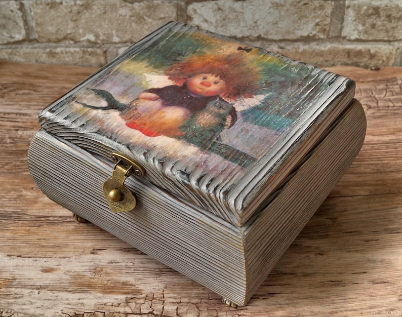 Decorative box with lock 5th anniversary gift for her Storage box with hinged lid Decoupage box