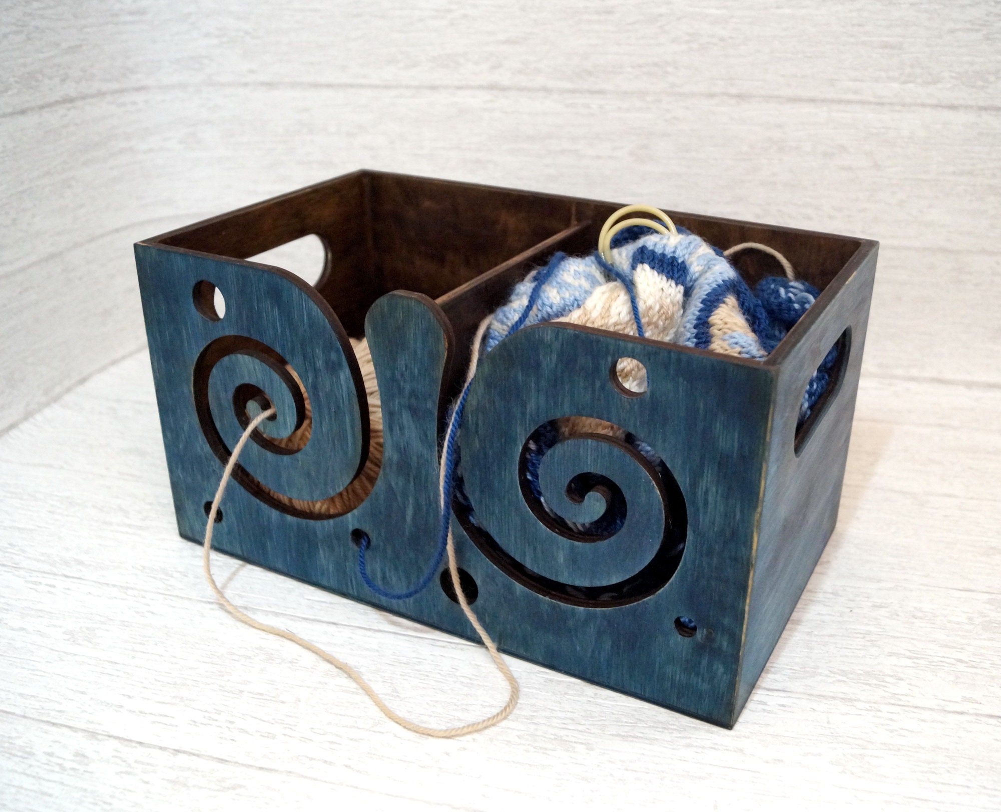 Dark blue wooden yarn box with lid Wood yarn bowl Crochet Etsy