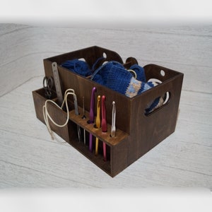 Crochet hook holder - Large wooden yarn box - Knitting needle organizer